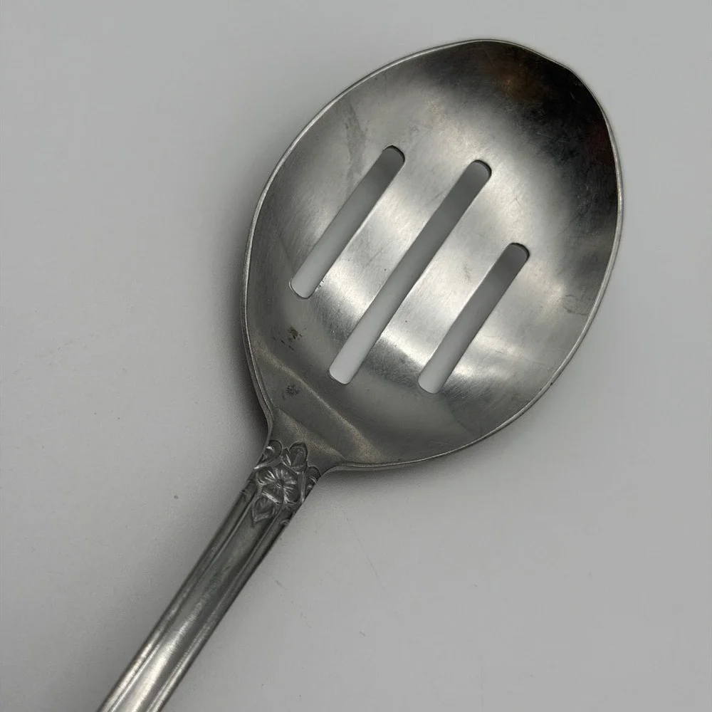 Stainless Steel Deluxe Slotted Serving Spoon Floral Rose Scroll Silverware